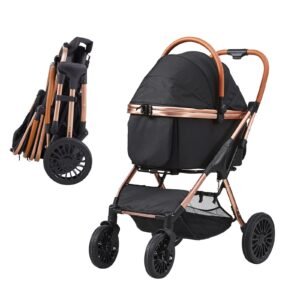 pet stroller, 4 wheels dog stroller rotate with brakes, 66 lbs weight capacity, puppy stroller with detachable carrier, storage basket and pet pad, for small to medium sized dogs, black