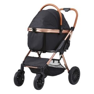 pet stroller, 4 wheels dog stroller rotate with brakes, 66 lbs weight capacity, puppy stroller with detachable carrier, storage basket and pet pad, for small to medium sized dogs, black