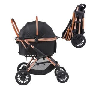 Pet Stroller, 4 Wheels Dog Stroller Rotate with Brakes, 66 lbs Weight Capacity, Puppy Stroller with Detachable Carrier, Storage Basket and Pet Pad, for Small to Medium Sized Dogs, Black