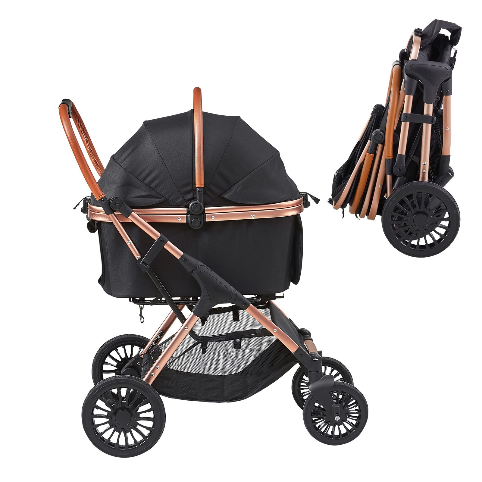 pet stroller, 4 wheels dog stroller rotate with brakes, 66 lbs weight capacity, puppy stroller with detachable carrier, storage basket and pet pad, for small to medium sized dogs, black