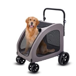 pet stroller, 4 wheels dog stroller with brakes, 160lbs weight capacity, portable puppy stroller carrier with breathable mesh windows & height adjustable height, animal stroller for cats & dogs