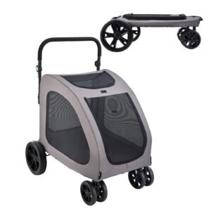 Pet Stroller, 4 Wheels Dog Stroller with Brakes, 160lbs Weight Capacity, Portable Puppy Stroller Carrier with Breathable Mesh Windows & Height-Adjustable Height, Animal Stroller for Cats & Dogs