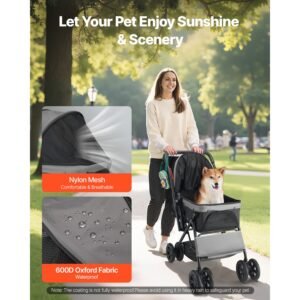 pet stroller, 44 lbs weight capacity, foldable dog stroller cart, 4 wheels cats stroller with mesh windows & revrsible handle, portable pet carrier stroller with brake, for small to medium pets
