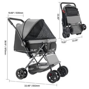 pet stroller, 44 lbs weight capacity, foldable dog stroller cart, 4 wheels cats stroller with mesh windows & revrsible handle, portable pet carrier stroller with brake, for small to medium pets