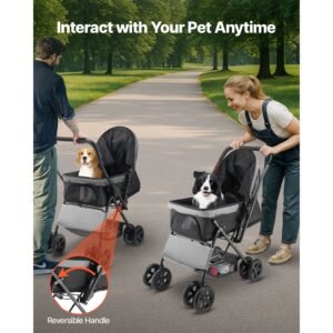pet stroller, 44 lbs weight capacity, foldable dog stroller cart, 4 wheels cats stroller with mesh windows & revrsible handle, portable pet carrier stroller with brake, for small to medium pets