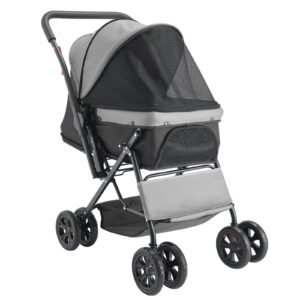 pet stroller, 44 lbs weight capacity, foldable dog stroller cart, 4 wheels cats stroller with mesh windows & revrsible handle, portable pet carrier stroller with brake, for small to medium pets
