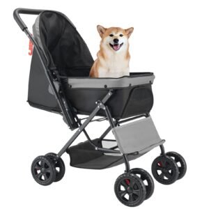 pet stroller, 44 lbs weight capacity, foldable dog stroller cart, 4 wheels cats stroller with mesh windows & revrsible handle, portable pet carrier stroller with brake, for small to medium pets