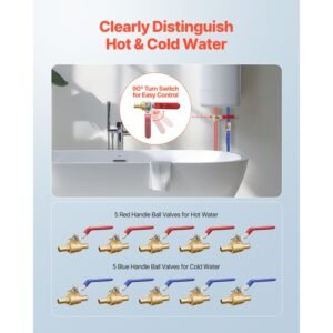 pex ball valve, 10 pieces, 1/2 in pex brass ball valve, pex full port brass ball valves, quarter turn hot (red) cold (blue) pex full port ball valve, for kitchen, hydronic heating, bathroom