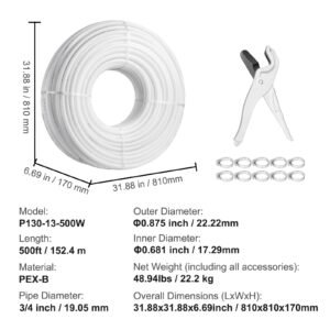 pex pipe 3/4 inch, 500 feet length pex b flexible pipe tubing for potable water, pex water lines for hot/cold water & easily restore, plumbing applications with free cutter & clamps ,white