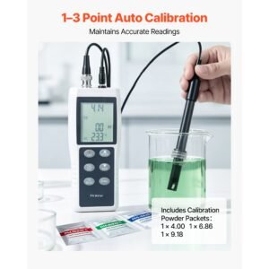 ph meter, 0 14 ph range, ip68 waterproof probe, 3 point auto calibration, portable tester kit with calibration powder packets, temperature probe, carrying case, for drinking water, hydroponics