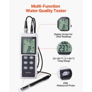 ph meter, 0 14 ph range, ip68 waterproof probe, 3 point auto calibration, portable tester kit with calibration powder packets, temperature probe, carrying case, for drinking water, hydroponics