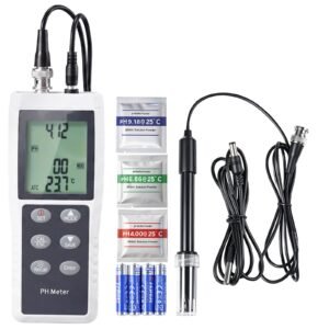 pH Meter, 0-14 pH Range, IP68 Waterproof Probe, 3-Point Auto Calibration, Portable Tester Kit with Calibration Powder Packets, Temperature Probe, Carrying Case, for Drinking Water, Hydroponics