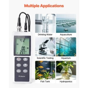 ph meter, 0 14 ph range, ip68 waterproof probe, 3 point auto calibration, portable tester kit with calibration powder packets, temperature probe, carrying case, for drinking water, hydroponics