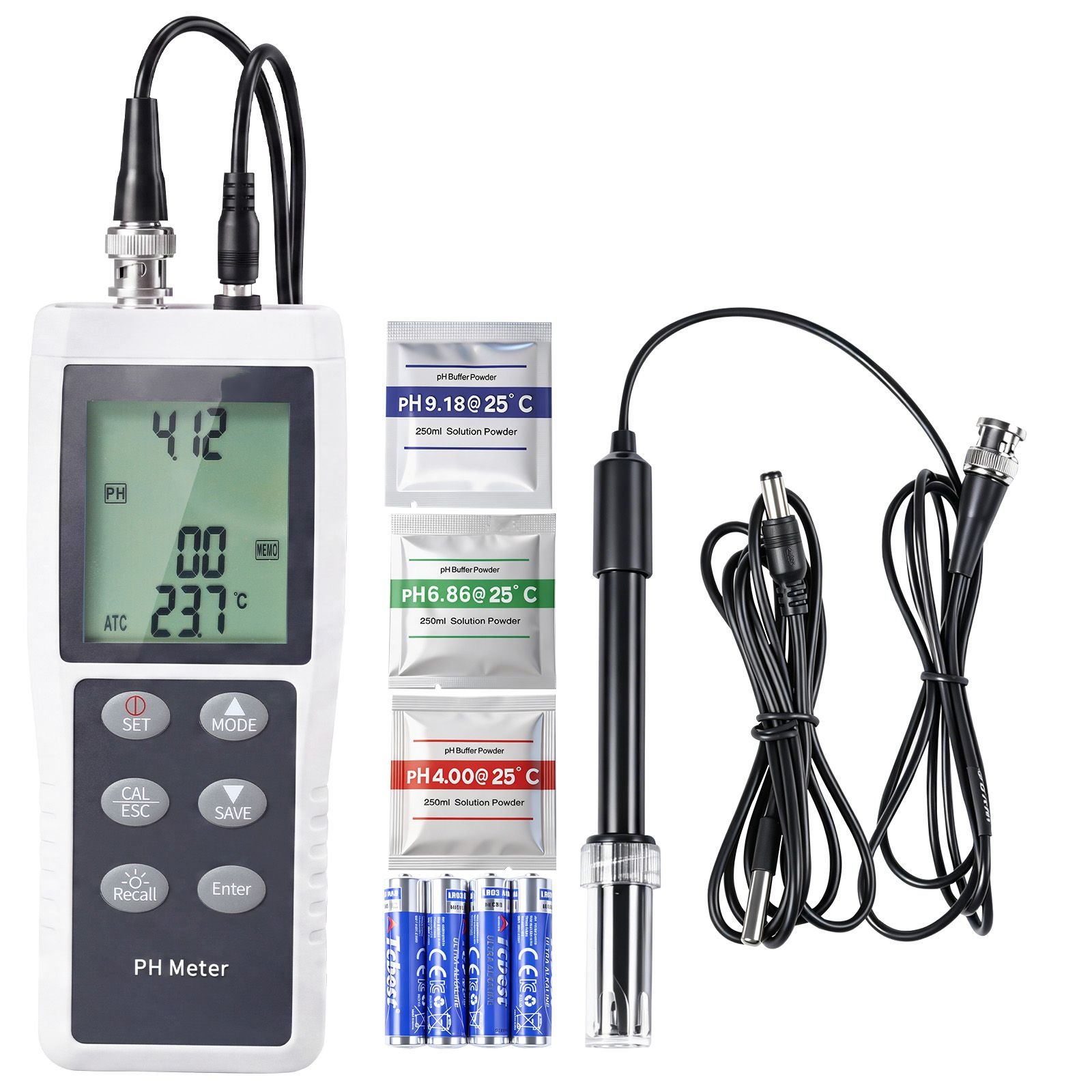 ph meter, 0 14 ph range, ip68 waterproof probe, 3 point auto calibration, portable tester kit with calibration powder packets, temperature probe, carrying case, for drinking water, hydroponics