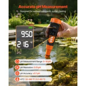 ph meter, 0 14 ph range, ip68 waterproof probe, pocket tester kit with calibration powder packets, va display screen, for drinking water, hydroponics, and aquarium water quality testing