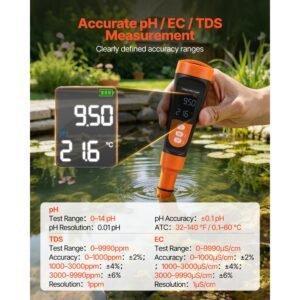 ph meter, accurate ph/ec (conductivity)/tds (ppm) multi parameter measurement, ip68 waterproof probe, pocket tester kit with calibration powder packets, va display, for water quality testing