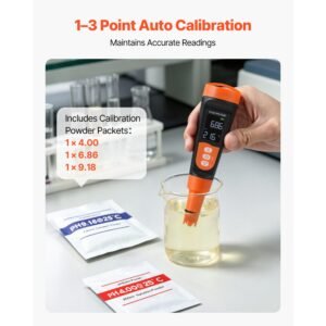 ph meter, accurate ph/ec (conductivity)/tds (ppm) multi parameter measurement, ip68 waterproof probe, pocket tester kit with calibration powder packets, va display, for water quality testing