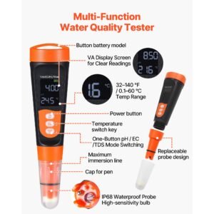 ph meter, accurate ph/ec (conductivity)/tds (ppm) multi parameter measurement, ip68 waterproof probe, pocket tester kit with calibration powder packets, va display, for water quality testing