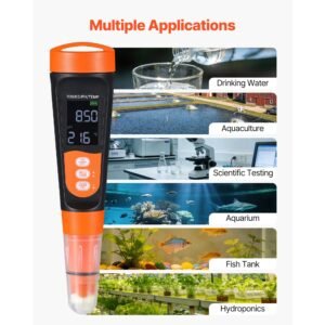 ph meter, accurate ph/ec (conductivity)/tds (ppm) multi parameter measurement, ip68 waterproof probe, pocket tester kit with calibration powder packets, va display, for water quality testing