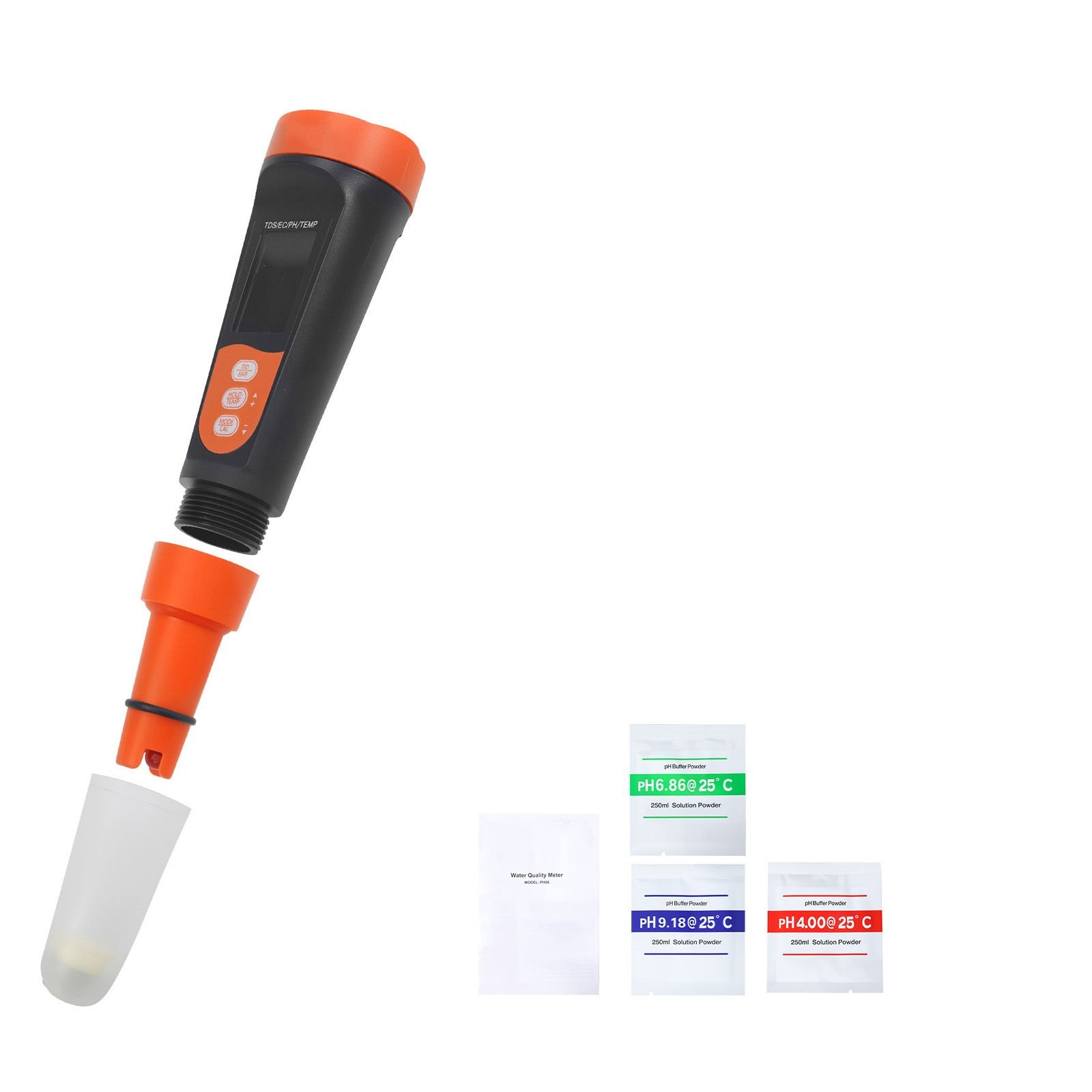 ph meter, accurate ph/ec (conductivity)/tds (ppm) multi parameter measurement, ip68 waterproof probe, pocket tester kit with calibration powder packets, va display, for water quality testing