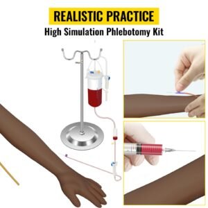 phlebotomy practice kit, dark skin iv practice kit venipuncture learning phlebotomy practice arm kit with infusion stand for nurse, medical students