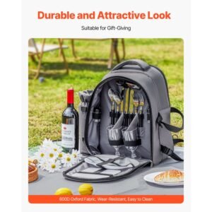 picnic backpack, beach picnic backpack bag for 2 person with insulated cooler compartment, detachable bottle/wine holder, lightweight blanket, plates and cutlery set for hiking, camping, grey