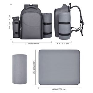 picnic backpack, beach picnic backpack bag for 2 person with insulated cooler compartment, detachable bottle/wine holder, lightweight blanket, plates and cutlery set for hiking, camping, grey