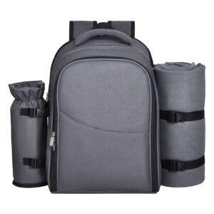 picnic backpack, beach picnic backpack bag for 2 person with insulated cooler compartment, detachable bottle/wine holder, lightweight blanket, plates and cutlery set for hiking, camping, grey