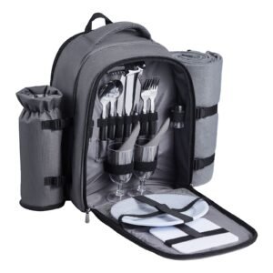 picnic backpack, beach picnic backpack bag for 2 person with insulated cooler compartment, detachable bottle/wine holder, lightweight blanket, plates and cutlery set for hiking, camping, grey