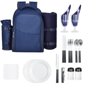 Picnic Backpack, Beach Picnic Backpack Bag for 2 Person with Insulated Cooler Compartment, Detachable Bottle/Wine Holder, Lightweight Blanket, Plates & Cutlery Set for Hiking, Camping, Navy Blue
