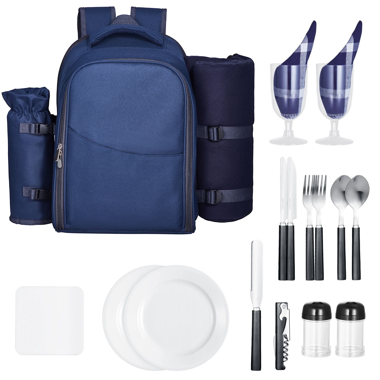 picnic backpack, beach picnic backpack bag for 2 person with insulated cooler compartment, detachable bottle/wine holder, lightweight blanket, plates & cutlery set for hiking, camping, navy blue