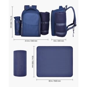 picnic backpack, beach picnic backpack bag for 2 person with insulated cooler compartment, detachable bottle/wine holder, lightweight blanket, plates & cutlery set for hiking, camping, navy blue