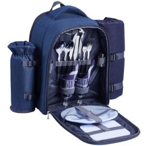 picnic backpack, beach picnic backpack bag for 2 person with insulated cooler compartment, detachable bottle/wine holder, lightweight blanket, plates & cutlery set for hiking, camping, navy blue