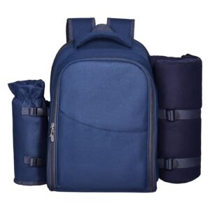 picnic backpack, beach picnic backpack bag for 2 person with insulated cooler compartment, detachable bottle/wine holder, lightweight blanket, plates & cutlery set for hiking, camping, navy blue