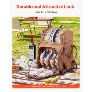 picnic backpack, beach picnic backpack bag for 4 person with insulated cooler compartment, detachable bottle/wine holder, lightweight blanket, plates and cutlery set for hiking & camping, brown