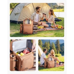 picnic backpack, beach picnic backpack bag for 4 person with insulated cooler compartment, detachable bottle/wine holder, lightweight blanket, plates and cutlery set for hiking & camping, brown