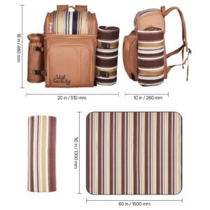 picnic backpack, beach picnic backpack bag for 4 person with insulated cooler compartment, detachable bottle/wine holder, lightweight blanket, plates and cutlery set for hiking & camping, brown