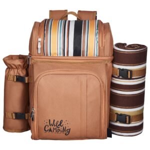 picnic backpack, beach picnic backpack bag for 4 person with insulated cooler compartment, detachable bottle/wine holder, lightweight blanket, plates and cutlery set for hiking & camping, brown