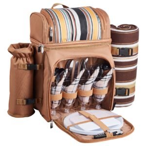 picnic backpack, beach picnic backpack bag for 4 person with insulated cooler compartment, detachable bottle/wine holder, lightweight blanket, plates and cutlery set for hiking & camping, brown