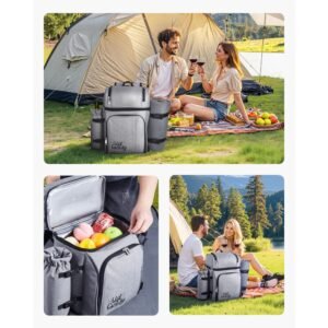 picnic backpack, beach picnic backpack bag for 4 person with insulated cooler compartment, detachable bottle/wine holder, lightweight blanket, plates and cutlery set for hiking & camping, grey