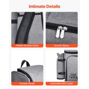 picnic backpack, beach picnic backpack bag for 4 person with insulated cooler compartment, detachable bottle/wine holder, lightweight blanket, plates and cutlery set for hiking & camping, grey