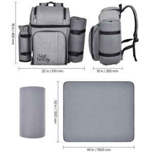 picnic backpack, beach picnic backpack bag for 4 person with insulated cooler compartment, detachable bottle/wine holder, lightweight blanket, plates and cutlery set for hiking & camping, grey