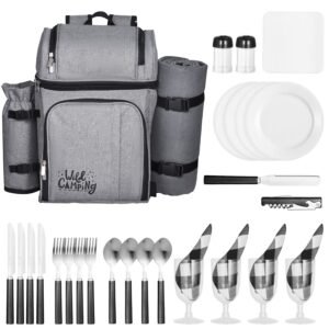 Picnic Backpack, Beach Picnic Backpack Bag for 4 Person with Insulated Cooler Compartment, Detachable Bottle/Wine Holder, Lightweight Blanket, Plates and Cutlery Set for Hiking & Camping, Grey