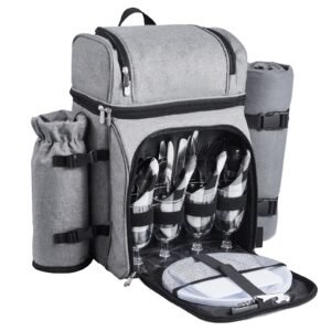 picnic backpack, beach picnic backpack bag for 4 person with insulated cooler compartment, detachable bottle/wine holder, lightweight blanket, plates and cutlery set for hiking & camping, grey