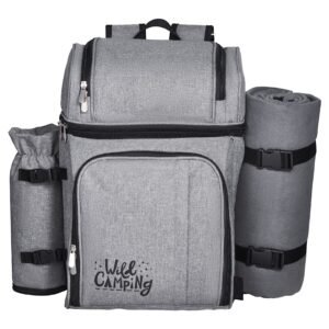 picnic backpack, beach picnic backpack bag for 4 person with insulated cooler compartment, detachable bottle/wine holder, lightweight blanket, plates and cutlery set for hiking & camping, grey