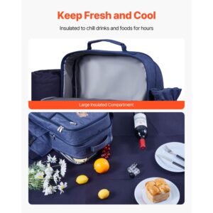 picnic backpack, beach picnic backpack bag for 4 person with insulated cooler compartment, detachable bottle/wine holder, lightweight blanket, plates and cutlery set for outdoor, navy blue