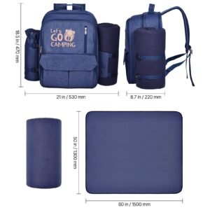 picnic backpack, beach picnic backpack bag for 4 person with insulated cooler compartment, detachable bottle/wine holder, lightweight blanket, plates and cutlery set for outdoor, navy blue