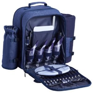 picnic backpack, beach picnic backpack bag for 4 person with insulated cooler compartment, detachable bottle/wine holder, lightweight blanket, plates and cutlery set for outdoor, navy blue
