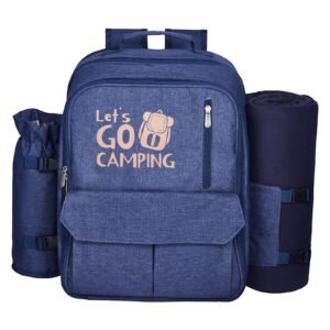 picnic backpack, beach picnic backpack bag for 4 person with insulated cooler compartment, detachable bottle/wine holder, lightweight blanket, plates and cutlery set for outdoor, navy blue