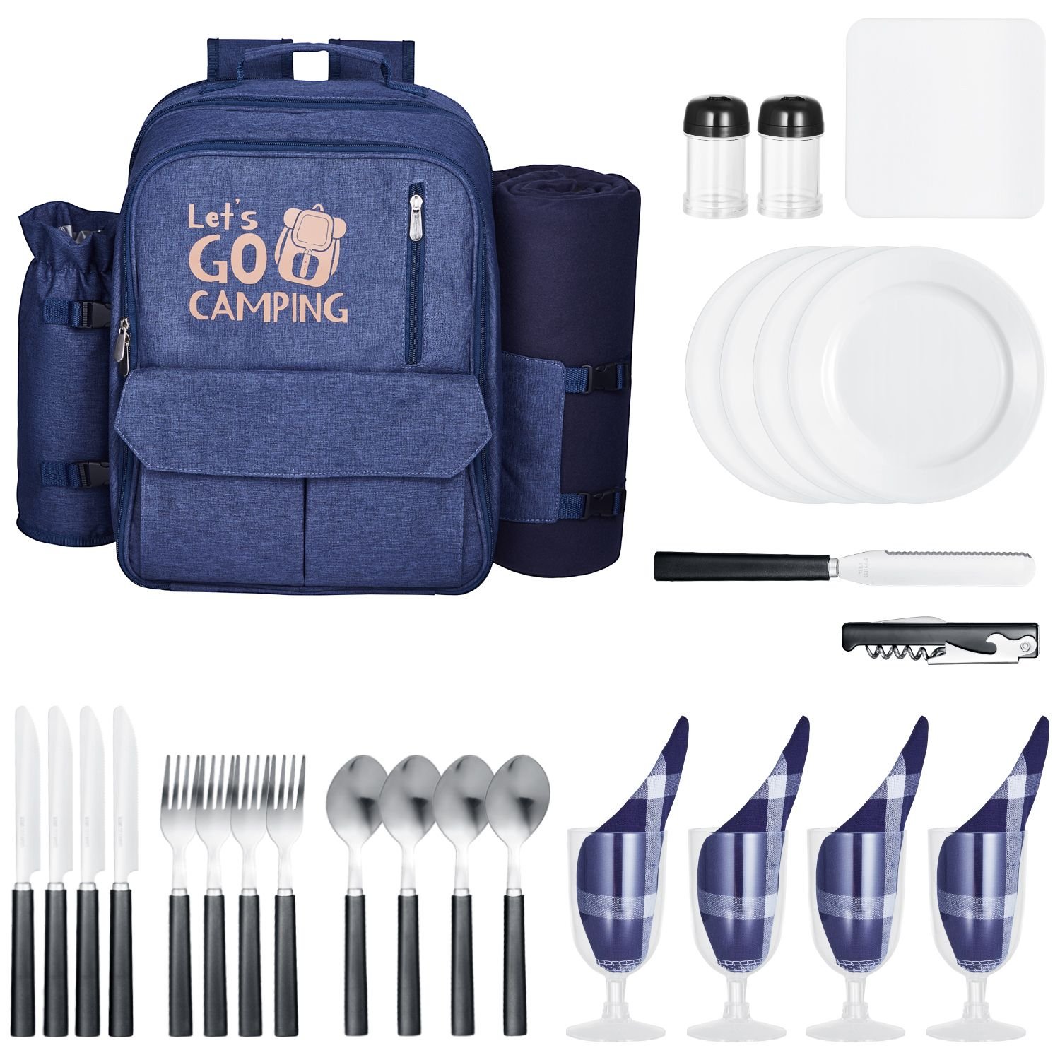picnic backpack, beach picnic backpack bag for 4 person with insulated cooler compartment, detachable bottle/wine holder, lightweight blanket, plates and cutlery set for outdoor, navy blue